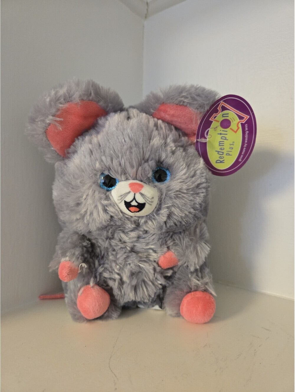 Redemption Plus Mouse Mousey Plush NWT Grey Pink Nose Blue Sparkle Eyes 8"